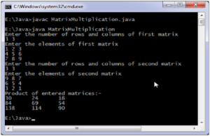 write a java program to perform multiplication of two matrices